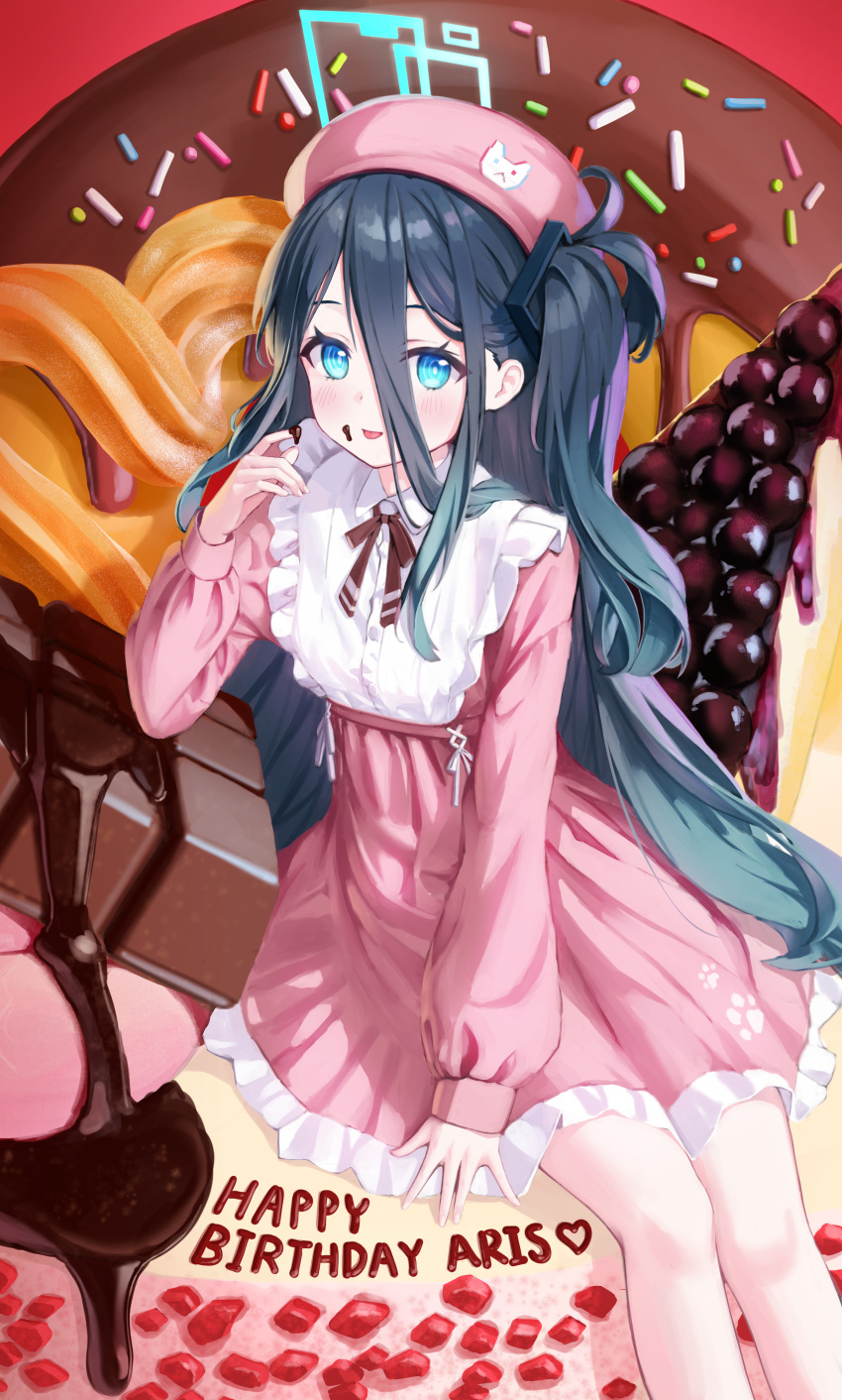 1girl :p absurdres alternate_costume aris_(blue_archive) birthday_cake black_hair blue_archive blue_eyes cake commentary_request dress english_text food frilled_dress frills hair_between_eyes hair_ornament halo happy_birthday hat highres long_hair long_sleeves looking_at_viewer one_side_up pink_dress sidelocks sitting smile solo supersugar tongue tongue_out