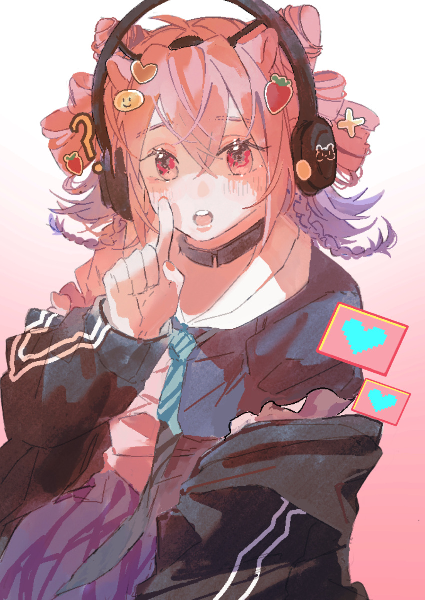 1girl :o ? aluoji arknights black_jacket black_shirt blue_necktie blush braid commentary_request cone_hair_bun diagonal-striped_necktie eureka_(arknights) food-themed_hair_ornament gradient_background hair_between_eyes hair_bun hair_ornament hand_up headphones heart heart_hair_ornament highres index_finger_raised jacket long_sleeves looking_at_viewer multicolored_hair nail_polish necktie off_shoulder open_clothes open_jacket open_mouth pink_background pink_hair pixelated puffy_long_sleeves puffy_sleeves purple_hair purple_skirt red_eyes red_nails shirt skirt solo strawberry_hair_ornament teeth twin_braids two-tone_hair upper_teeth_only white_background
