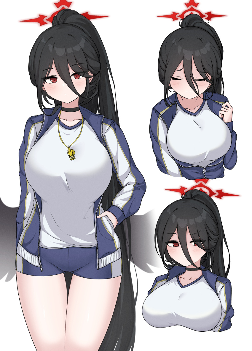1girl absurdres black_hair black_wings blue_archive blue_jacket blush breasts choker closed_eyes collarbone commentary_request gym_shorts gym_uniform hair_between_eyes halo hand_in_pocket hasumi_(blue_archive) hasumi_(gym_uniform)_(blue_archive) highres hrna jacket large_breasts long_hair long_sleeves looking_at_viewer multicolored_clothes multicolored_jacket multiple_views official_alternate_costume open_clothes open_jacket ponytail red_eyes shorts sidelocks simple_background solo two-tone_jacket very_long_hair whistle whistle_around_neck white_background white_jacket wings