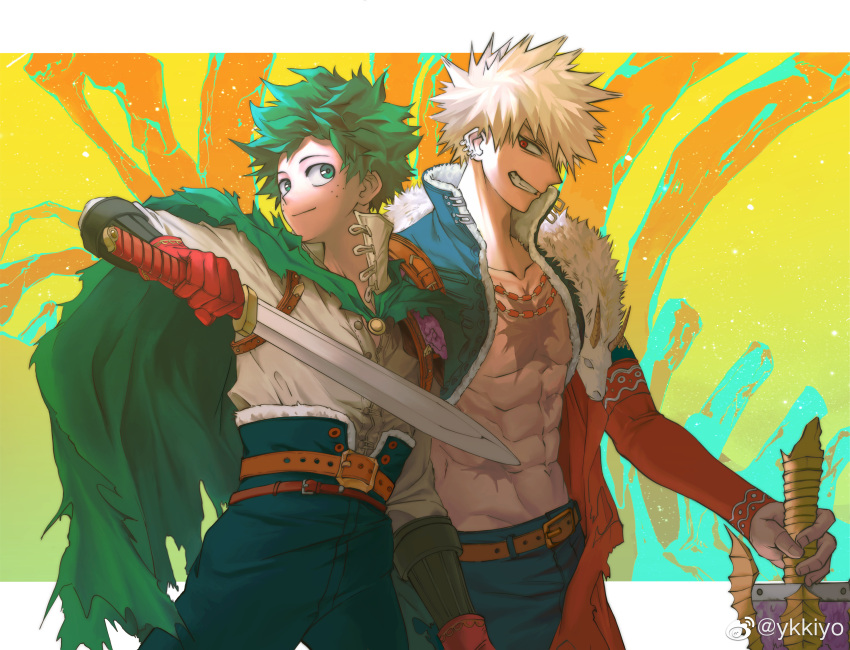 2boys abs abstract_background absurdres alternate_universe arm_at_side bakugou_katsuki belt belt_buckle blonde_hair blue_jacket blue_pants boku_no_hero_academia brown_belt buckle cape closed_mouth collarbone cropped_jacket detached_sleeves ear_piercing floating_cape freckles fur-trimmed_jacket fur-trimmed_pants fur_trim gloves gradient_background green_background green_cape green_eyes green_hair grin hand_up high-waist_pants high_collar highres holding holding_sword holding_weapon jacket jewelry letterboxed looking_at_viewer looking_to_the_side male_focus midoriya_izuku multiple_belts multiple_boys multiple_piercings navel necklace official_alternate_costume open_collar open_fly orange_cape outside_border outstretched_arm pants partially_unbuttoned piercing profile red_belt red_eyes red_gloves scar scar_on_chest scar_on_leg short_hair short_sword side-by-side sidelighting sideways_glance sideways_mouth single_shoulder_pad smile spiky_hair sword toggles toned toned_male torn_cape torn_clothes turning_head upper_body weapon weibo_logo weibo_username yellow_background yellow_brooch ykkiyo
