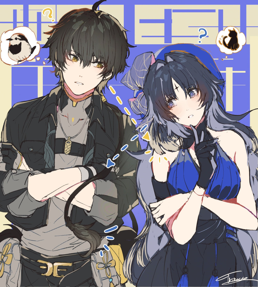 1boy 1girl ? arm_strap bare_shoulders bird black_cat black_gloves black_hair black_jacket blue_headwear bow breasts brown_eyes cat closed_mouth dress earrings feathers gloves green_hair grey_shirt hand_up hat hat_bow highres jacket jewelry long_hair male_rover_(wuthering_waves) multicolored_hair ndr26nyahaysk1 open_clothes open_jacket pants pocket ribbon shirt short_hair signature simple_background solo standing tassel wuthering_waves yangyang_(wuthering_waves) yellow_eyes