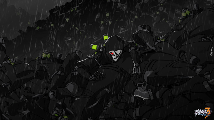 1boy black_gloves black_hoodie black_sleeves chinese_commentary corpse death gloves gray_serpent highres honkai_(series) honkai_impact_3rd hood hoodie logo male_focus mask official_art official_wallpaper one_eye_covered outdoors pile_of_corpses rain red_eyes upper_body white_mask