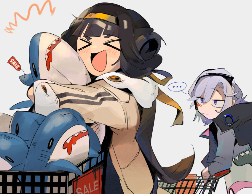 &gt;_&lt; ... 2girls black_hair blush chesed_(uporyz) closed_mouth coat commentary_request facial_mark girls_frontline grey_hair hairband highres ikea_shark looking_at_another medium_hair multiple_girls object_hug open_mouth orange_hairband qbu-88_(girls'_frontline) sale shopping_cart simple_background sl8_(girls'_frontline) standing stuffed_animal stuffed_shark stuffed_toy upper_body violet_eyes yellow_coat