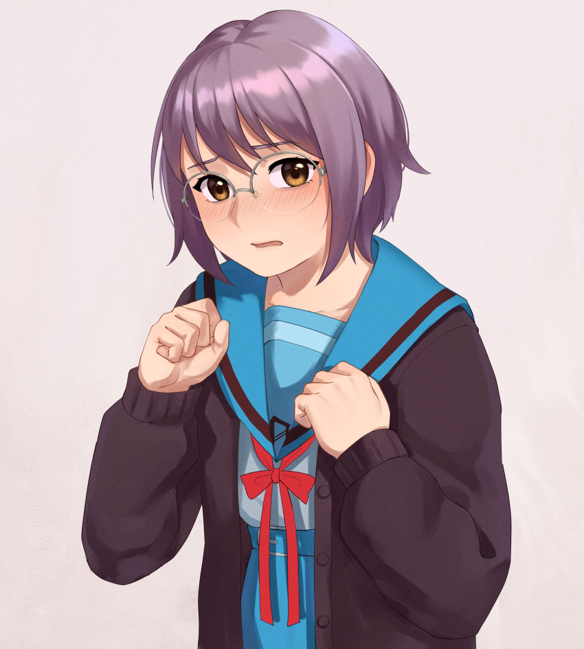 1girl absurdres blue_sailor_collar blue_skirt bluepoodlez blush brown_cardigan brown_eyes cardigan commentary english_commentary glasses highres kita_high_school_uniform long_sleeves looking_at_viewer nagato_yuki open_cardigan open_clothes parted_lips purple_hair red_ribbon ribbon sailor_collar school_uniform serafuku short_hair simple_background skirt solo suzumiya_haruhi_no_shoushitsu suzumiya_haruhi_no_yuuutsu upper_body white_background winter_uniform