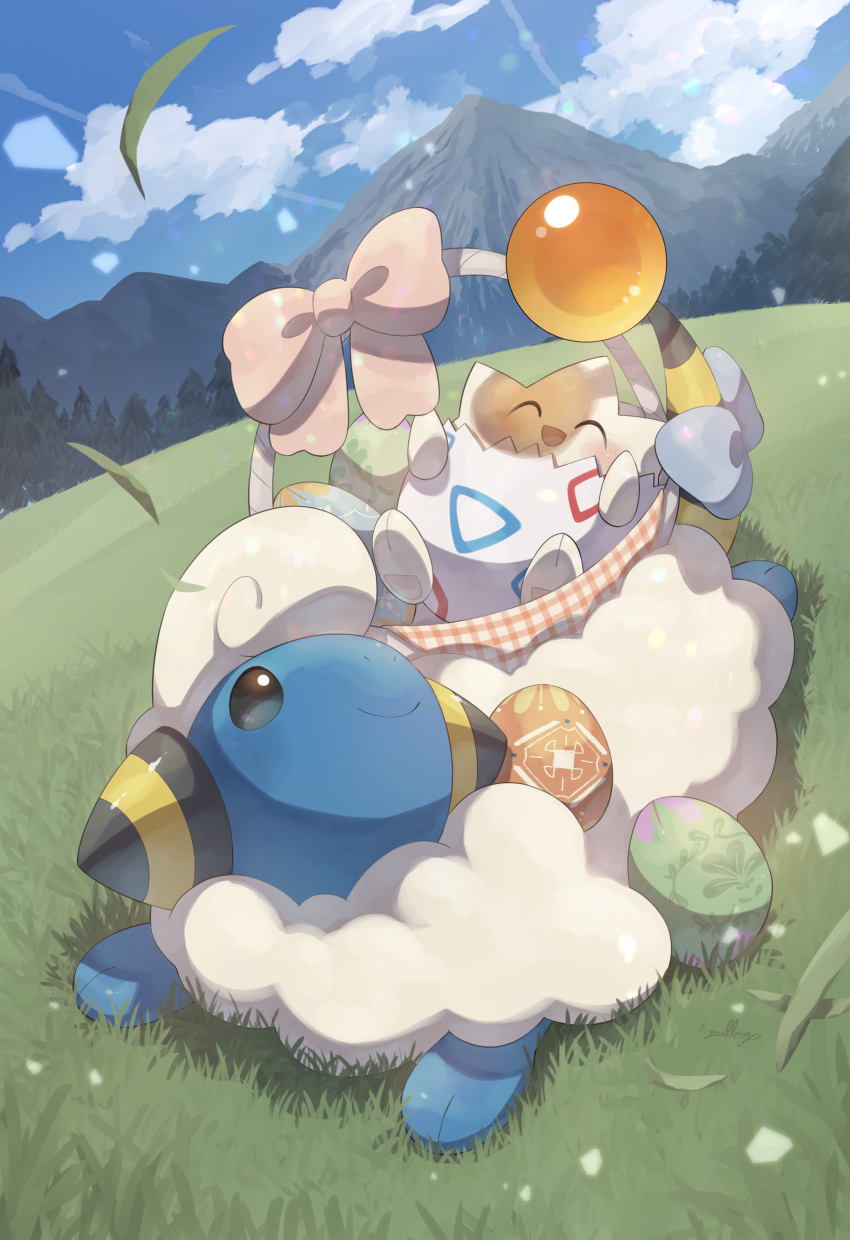 absurdres basket blue_sky closed_eyes clouds easter_egg egg grass highres mareep mountainous_horizon no_humans nullma open_mouth outdoors pokemon pokemon_(creature) sky togepi tree