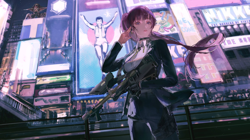 1girl absurdres black_choker black_jacket black_pants blue_eyes choker city collared_shirt dolla_(nikke) dress_shirt earpiece earrings formal goddess_of_victory:_nikke gun highres holding holding_gun holding_weapon jacket jewelry kei_(keiuu) long_hair long_sleeves looking_at_viewer md5_mismatch multicolored_necktie necktie night open_clothes open_jacket outdoors pants parted_lips pencil_skirt ponytail purple_hair purple_necktie resolution_mismatch shirt skirt solo source_smaller standing suit weapon white_shirt wing_collar