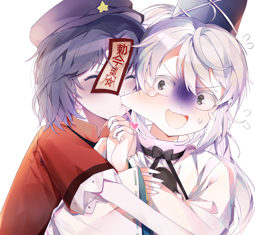 2girls absurdres biting black_bow black_bowtie black_ribbon blush bow bowtie cabbie_hat cheek_biting closed_eyes commentary_request flying_sweatdrops gloom_(expression) grey_eyes hair_between_eyes hat heart highres j_(ppxx3543) japanese_clothes jiangshi kariginu lace-trimmed_sleeves lace_trim long_bangs long_hair looking_at_another miyako_yoshika mononobe_no_futo multiple_girls neck_ribbon open_mouth purple_hair purple_headwear red_shirt ribbon shirt short_hair short_sleeves simple_background star_(symbol) tate_eboshi tearing_up touhou upper_body white_background white_hair you're_doing_it_wrong