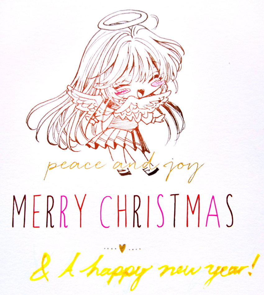1girl ahoge angel angel_wings aya_carmine blush_stickers chibi closed_eyes english_text full_body halo happy_new_year highres long_hair merry_christmas monochrome open_mouth pleated_skirt sayonara_wo_oshiete simple_background skirt smile solo spot_color sugamo_mutsuki very_long_hair wings
