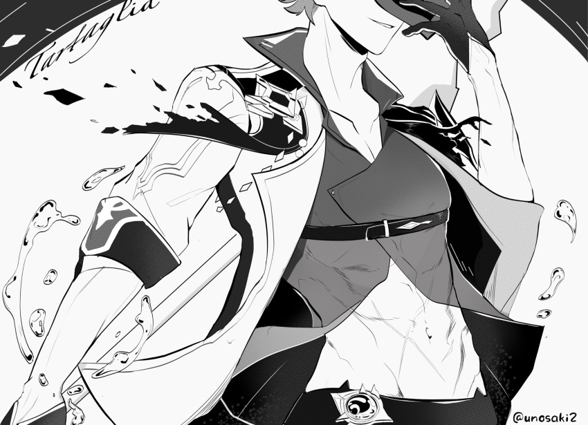 1boy abs bare_arms black_gloves genshin_impact gloves greyscale highres jacket jacket_on_shoulders male_focus mask monochrome muscular muscular_male pants pectoral_cleavage pectorals shirt simple_background smile stomach tartaglia_(genshin_impact) toned unosaki2 vision_(genshin_impact)