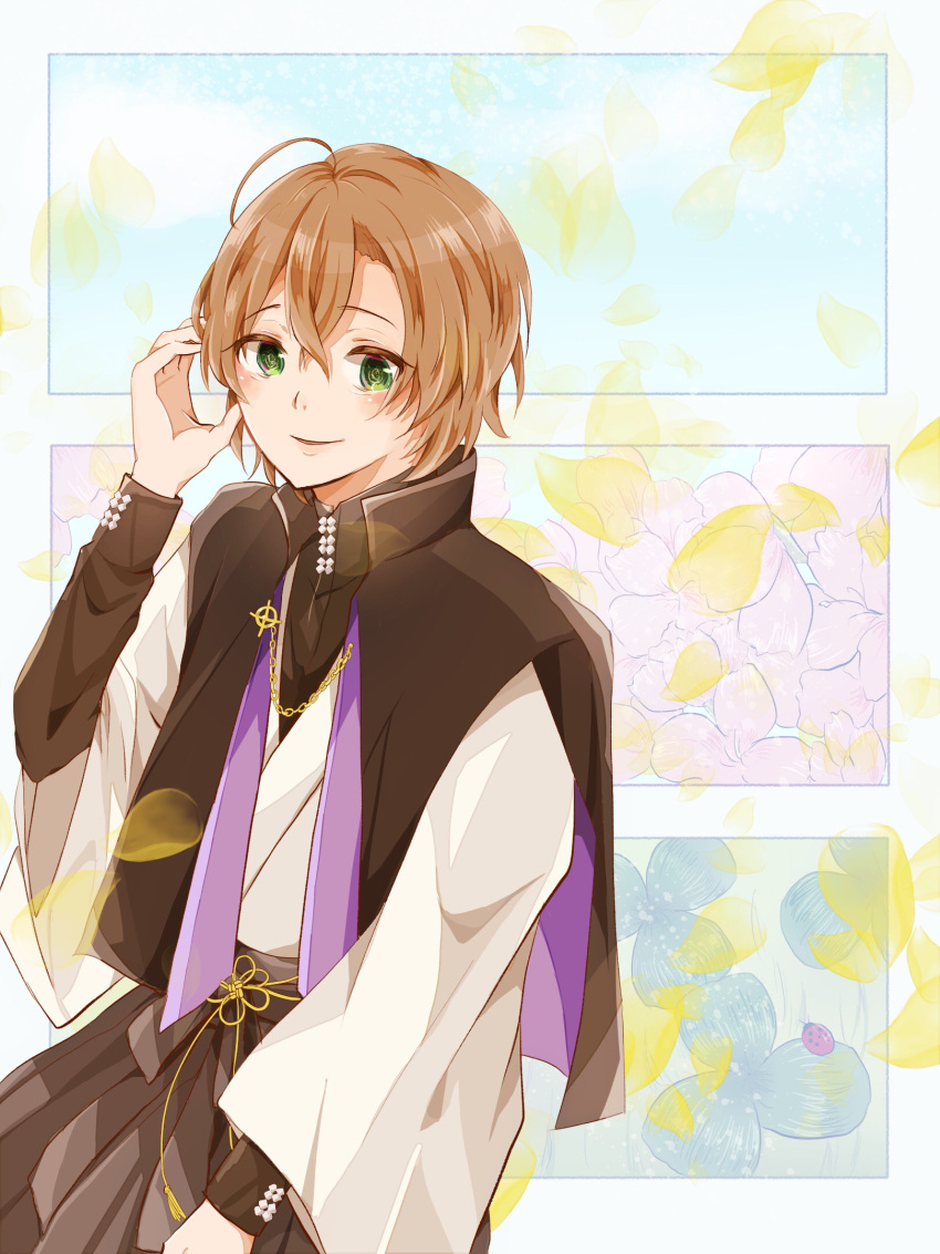 1boy ahoge black_cape black_shirt blue_flower cape celtic_cross chain collared_cape collared_shirt cross double-parted_bangs floral_background flower gold_chain green_eyes grey_hakama hair_between_eyes hakama hand_on_own_head hand_up highres hypnosis_mic japanese_clothes kimono layered_sleeves light_blue_background long_sleeves male_focus multicolored_background pam_kya paneled_background parted_lips petals pink_flower purple_cape ribbon shirt short_hair smile solo turtleneck two-sided_cape two-sided_fabric two-tone_cape upper_body white_background white_kimono wide_sleeves yellow_ribbon yumeno_gentaro