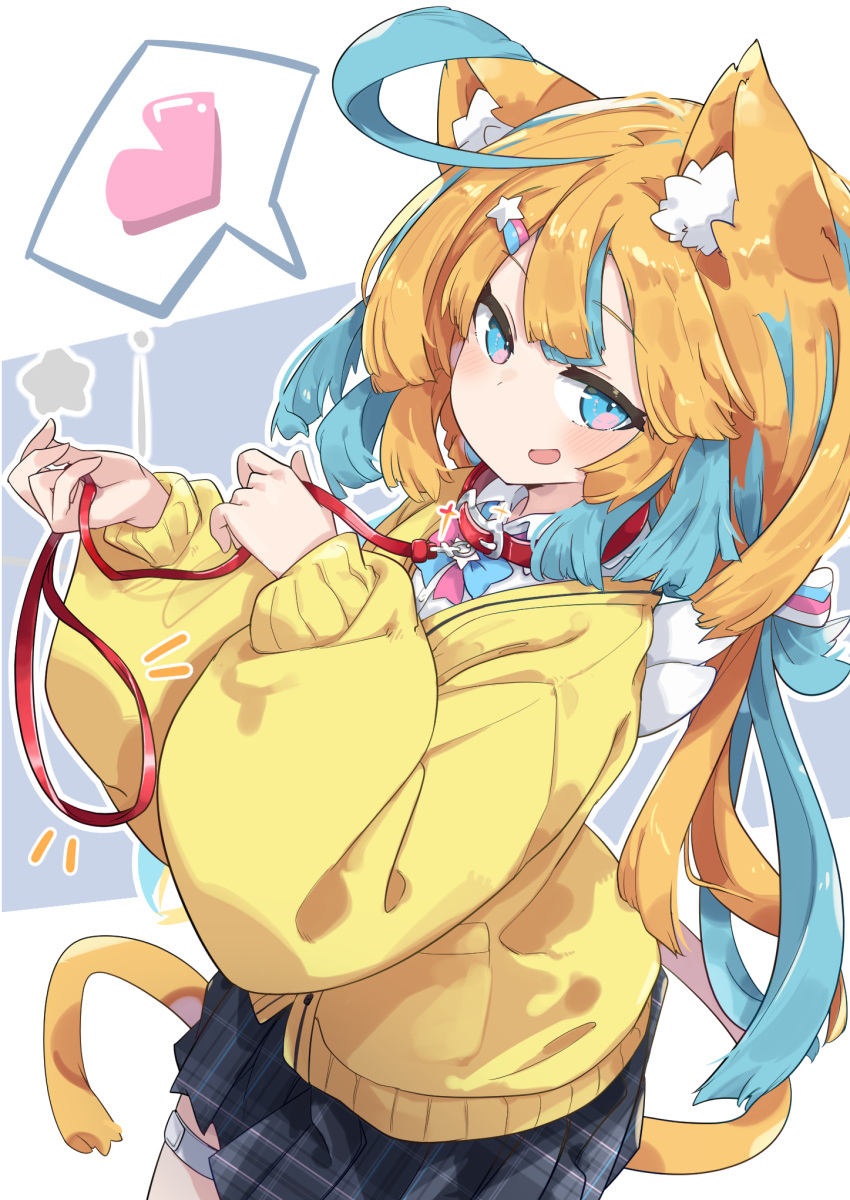 1girl :d ahoge amakawa_hano animal_ear_fluff animal_ears blonde_hair blue_eyes blue_hair blush cat_ears cat_girl cat_tail collar commentary_request cowboy_shot heart highres long_hair long_sleeves looking_at_viewer pleated_skirt re:act skirt smile solo spoken_heart tail totomono virtual_youtuber
