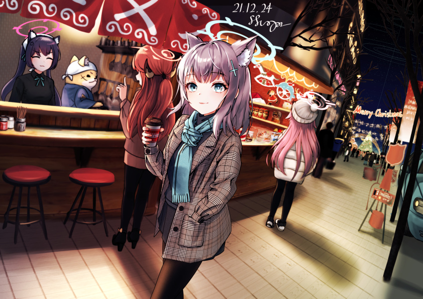 4girls 6+others :3 :d ^_^ absurdres ahoge alternate_costume animal_ear_fluff animal_ears aru_(blue_archive) bar_stool black_hair blue_archive blue_eyes blue_scarf blurry casual cat_ears cat_girl christmas_tree closed_eyes coffee_cup commentary_request cup demon_girl demon_horns depth_of_field disposable_cup extra_ears furry furry_with_non-furry grey_hair hair_between_eyes halo highres holding holding_cup horns hoshino_(blue_archive) interspecies long_hair long_sleeves looking_at_another looking_at_viewer master_shiba_(blue_archive) medium_hair merry_christmas mismatched_pupils multiple_girls multiple_others night night_sky official_alternate_costume pink_hair plaid_coat redhead scarf serika_(blue_archive) shiroko_(blue_archive) shopping_district sidelocks sky smile solo_focus stool supersugar twintails waitress walking white_headwear winter_clothes wolf_ears wolf_girl