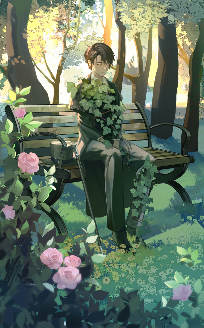 1boy absurdres bench black_footwear black_hair black_headwear black_jacket bush cane closed_eyes day flower grass hat hat_removed headwear_removed highres jacket klein_moretti lord_of_the_mysteries maikelaien outdoors pink_flower pink_rose plant rose shadow shirt sitting_on_bench sleeping solo tree vines white_shirt windbreaker