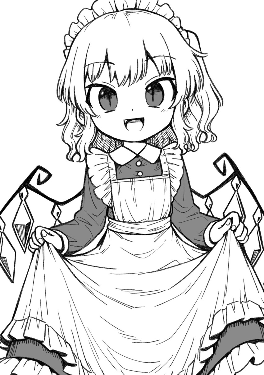 1girl :d clothes_lift crystal dress dress_lift fang flandre_scarlet greyscale highres lifted_by_self maid maid_headdress monochrome one_side_up oninamako open_mouth short_hair simple_background slit_pupils smile solo touhou wings