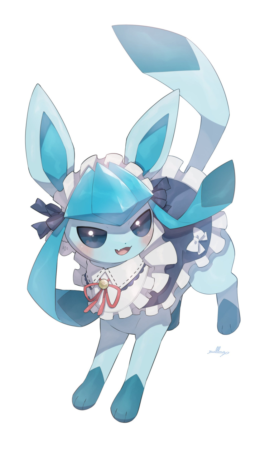 absurdres artist_name blush bow glaceon highres nullma open_mouth pokemon pokemon_(creature) red_bow signature simple_background solo watermark white_background