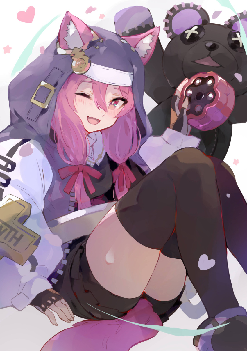 1girl absurdres alternate_color androgyne_symbol animal_ear_fluff animal_ears bana_(stand_flower) bike_shorts bike_shorts_under_skirt black_gloves black_thighhighs blush bridget_(guilty_gear) bridget_(guilty_gear)_(cosplay) cat_ears cat_girl cat_tail commission cosplay cuffs ears_through_headwear fingerless_gloves gloves guilty_gear guilty_gear_strive habit hair_ribbon handcuffs highres hood hood_up hooded_jacket hoodie indie_virtual_youtuber jacket long_sleeves looking_at_viewer meika_ruka one_eye_closed open_clothes open_hoodie open_mouth pink_hair puffy_long_sleeves puffy_sleeves red_eyes red_ribbon ribbon roger_(guilty_gear) skeb_commission smile stuffed_animal stuffed_toy tail teddy_bear thigh-highs virtual_youtuber yo-yo