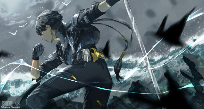 1boy bird black_gloves black_hair black_jacket closed_mouth gloves grey_shirt highres holding holding_sword holding_weapon jacket male_rover_(wuthering_waves) open_clothes open_jacket outdoors pants pocket rock rulxierinor shirt short_hair signature solo sword water waves weapon wuthering_waves yellow_eyes
