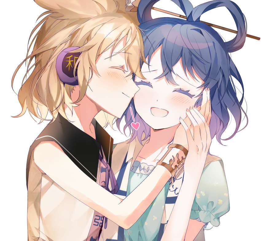 2girls absurdres black_sailor_collar blonde_hair blue_dress blue_hair blush bracer closed_eyes closed_mouth commentary_request dress earmuffs flat_chest hair_between_eyes hair_ornament hair_rings hair_stick hand_on_another's_cheek hand_on_another's_face highres j_(ppxx3543) kaku_seiga long_bangs multiple_girls neck_ribbon open_clothes open_mouth open_vest pointy_hair purple_ribbon ribbon sailor_collar shirt short_hair simple_background sleeveless sleeveless_shirt smile touhou toyosatomimi_no_miko upper_body vest white_background white_shirt white_vest yuri