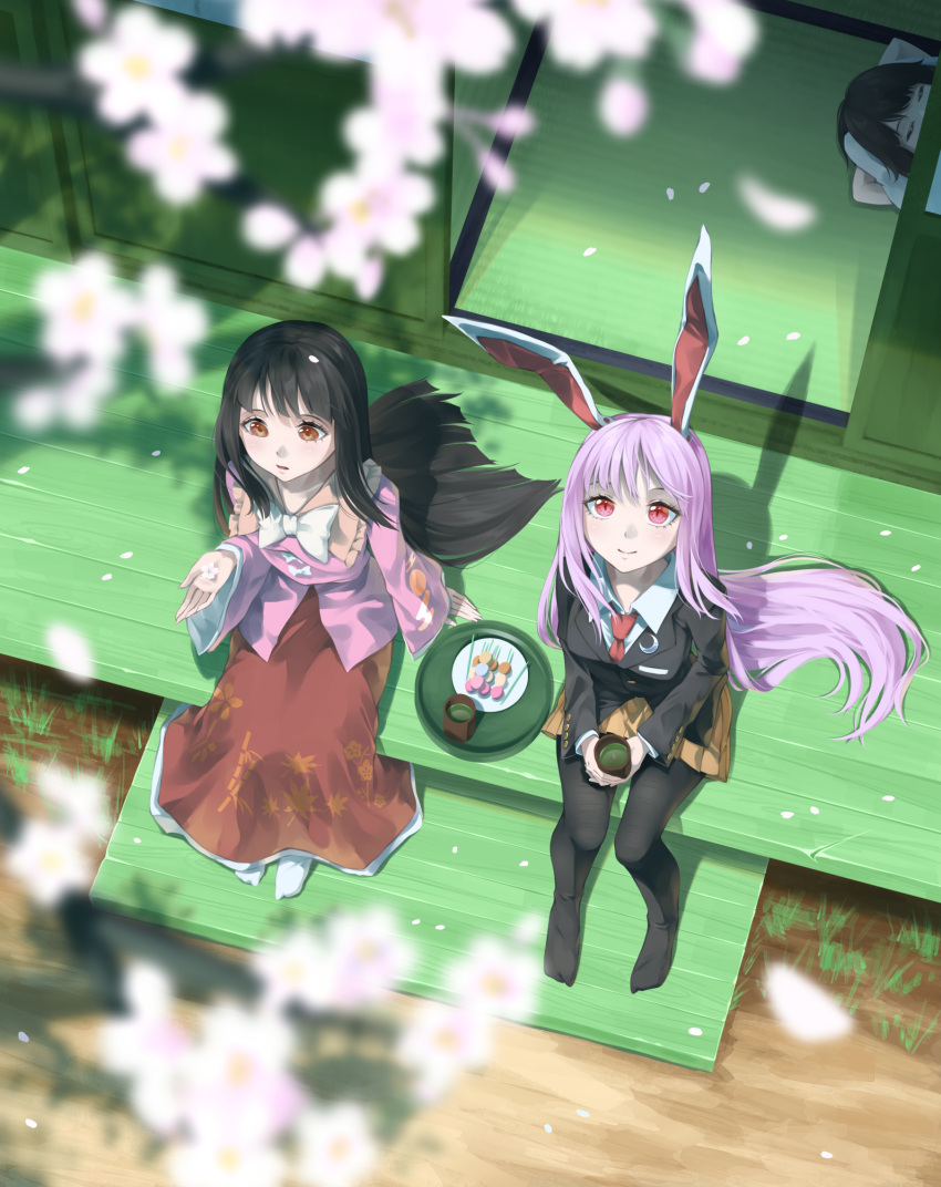 3girls animal_ears autumn_leaves bamboo_print black_hair black_jacket black_pantyhose blurry blush bow bowtie branch breasts brown_eyes buttons cherry_blossoms closed_eyes closed_mouth cloud_print collared_jacket collared_shirt commentary crescent crescent_pin cup dango english_commentary floor floral_print flower food frills grass green_tea hair_between_eyes hand_up highres holding holding_cup houraisan_kaguya inaba_tewi jacket leaf_print long_hair long_sleeves looking_up medium_breasts moon_print multiple_girls necktie no_shoes on_floor open_mouth orange_flower orange_skirt otomeza_ryuseigun pantyhose petals pillow pink_shirt plate purple_hair rabbit_ears red_eyes red_necktie red_skirt reisen_udongein_inaba shadow shirt short_hair sidelocks skirt sleeping smile socks tea touhou tray very_long_hair wagashi white_bow white_bowtie white_flower white_shirt white_socks wide_sleeves wing_collar wooden_floor yunomi