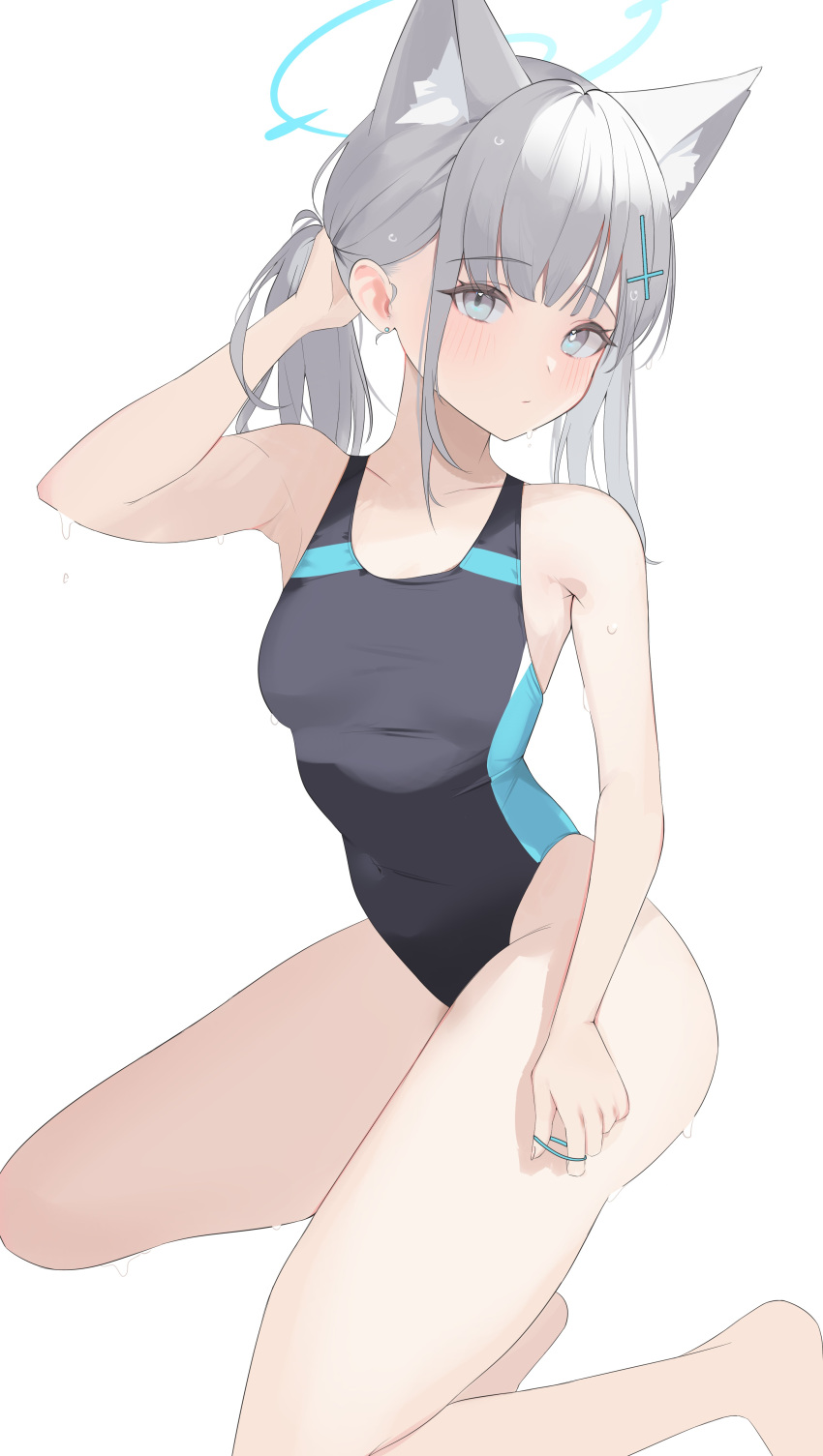 1girl absurdres animal_ears blue_archive blue_eyes breasts fox_ears grey_hair hair_ornament halo highleg highleg_swimsuit highres long_hair official_alternate_costume one-piece_swimsuit shiroko_(blue_archive) small_breasts solo sweat swimsuit thighs wet xochi_(nueeen6978)