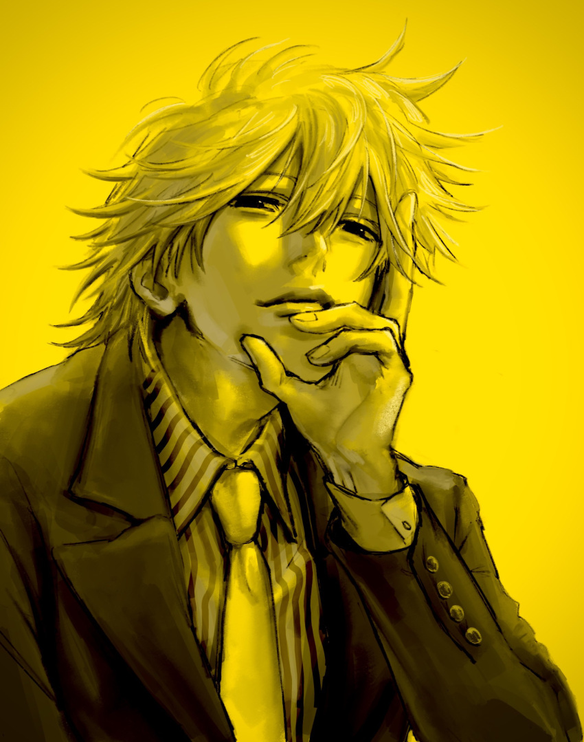 1boy absurdres black_eyes black_suit blonde_hair closed_mouth formal hand_on_own_face highres hunter_x_hunter looking_at_viewer male_focus necktie pariston_hill shirt short_hair simple_background smile solo srsrss61 striped striped_shirt suit yellow_background