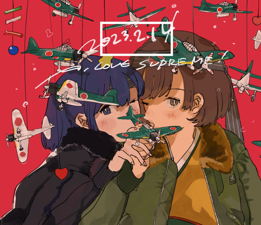 2girls 3107_(satona) aircraft black_jacket blue_eyes blue_hair bomber_jacket brown_eyes brown_hair dated fur-trimmed_jacket fur_trim green_jacket headband highres hiryuu_(kancolle) holding jacket japanese_clothes kantai_collection long_sleeves looking_at_viewer multiple_girls one_eye_closed open_clothes open_jacket red_background short_hair simple_background souryuu_(kancolle) upper_body
