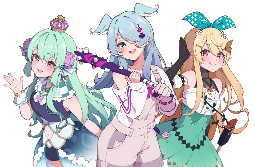 3girls :d baseball_bat bike_shorts black_gloves blonde_hair blue_eyes blue_hair blue_skirt blue_wings bow breasts butterfly_hair_ornament closed_mouth clothing_cutout crown detached_sleeves dress elbow_gloves elira_pendora finana_ryugu flat_chest flower frilled_sailor_collar frills gloves green_bow green_dress green_hair green_headband green_skirt grey_gloves grey_overalls hair_bow hair_flower hair_ornament hair_over_one_eye hairclip halterneck hand_up head_fins head_wings headband high-waist_skirt highres holding holding_baseball_bat lazulight long_hair mole multiple_girls navel navel_cutout neck_tattoo nijisanji nijisanji_en off_shoulder one_eye_covered open_mouth overall_shorts overalls pointy_ears pomu_rainpuff puffy_sleeves purple_flower red_eyes sailor_collar seion shirt shirt_tucked_in showgirl_skirt simple_background single_glove skirt sleeveless sleeveless_shirt small_breasts smile starfish sweater tattoo teeth tongue tongue_out upper_teeth_only violet_eyes virtual_youtuber white_background white_flower white_shirt white_sleeves white_sweater wings wrist_cuffs x_hair_ornament