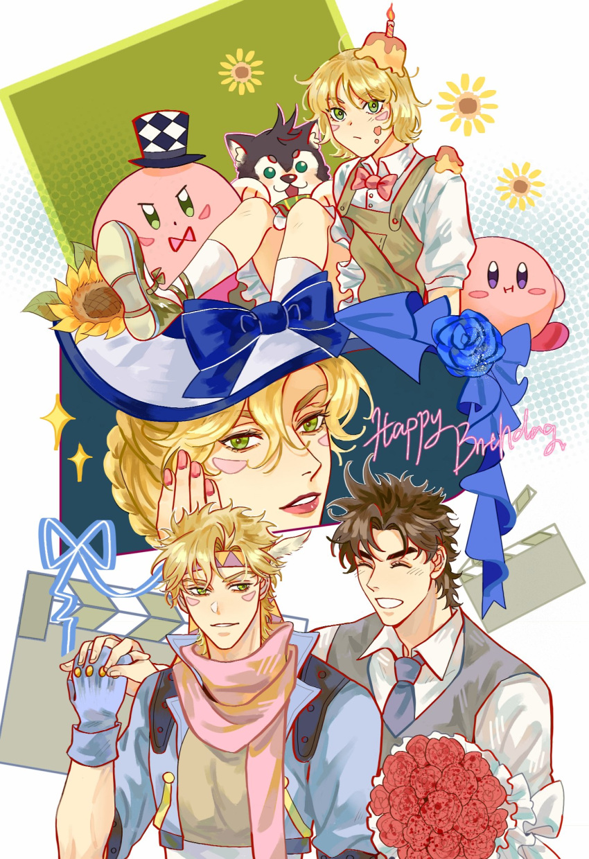 2boys 2girls animalization battle_tendency blonde_hair blue_flower blue_jacket blue_rose bouquet bow bowtie braid brown_hair caesar_anthonio_zeppeli checkered_clothes checkered_headwear crossover cupcake dog facial_mark feather_hair_ornament feathers fingerless_gloves flower food food_on_face fusion genderswap genderswap_(mtf) gloves green_eyes hair_ornament happy_birthday hat hat_bow hat_ribbon highres jacket jojo_no_kimyou_na_bouken joseph_joestar joseph_joestar_(young) kirby kirby_(series) multiple_boys multiple_girls multiple_persona necktie overall_skirt red_ribbon ribbon rose short_hair sunflower top_hat triangle_print vest violet_eyes waistcoat zhoujo51