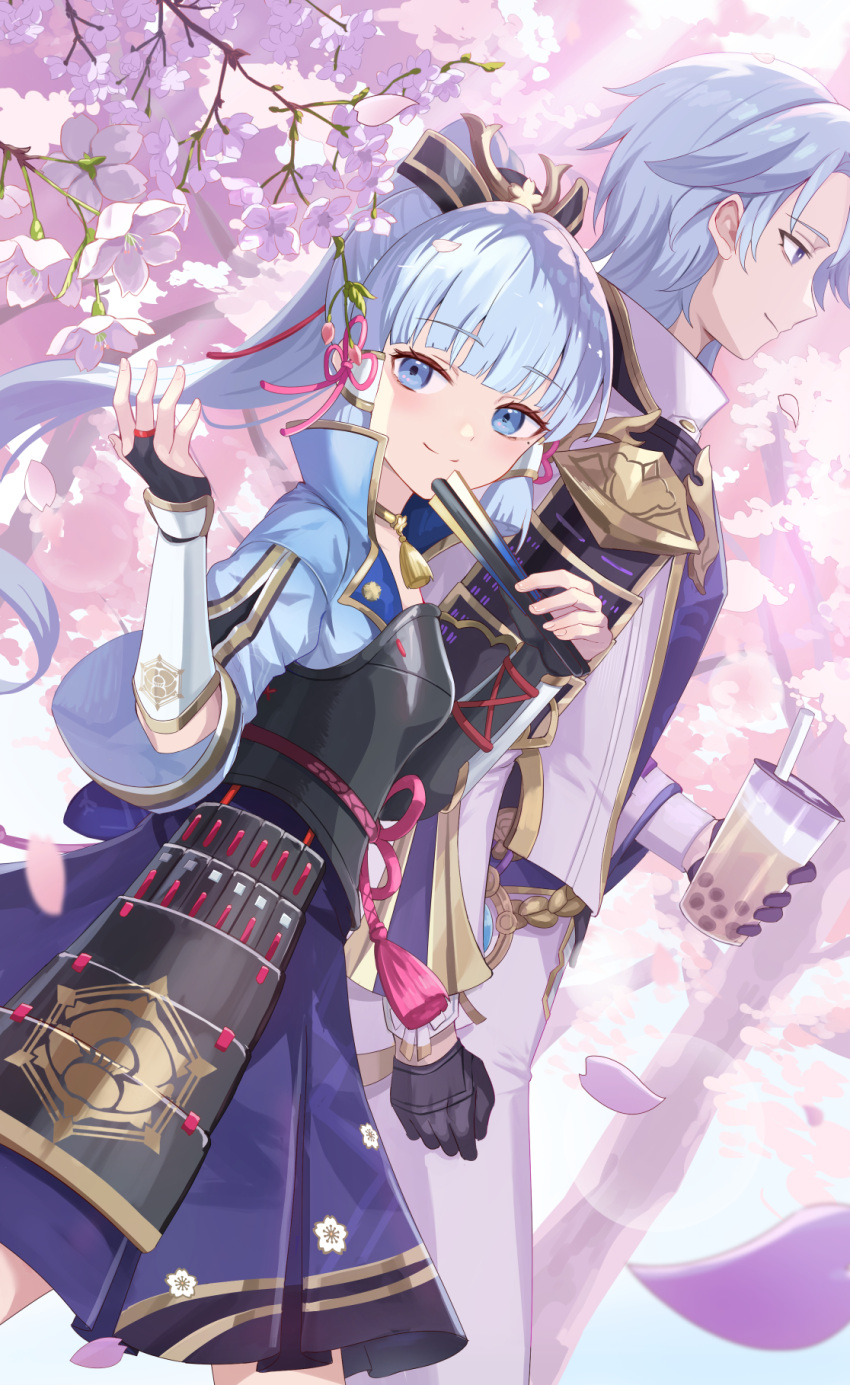 1boy 1girl 2windrill arm_armor armor black_armor black_gloves blue_eyes blue_gemstone blue_hair blue_jacket blue_sky blunt_bangs blush branch breasts brother_and_sister bubble_tea cherry_blossoms closed_mouth collared_jacket commentary_request cup fingerless_gloves flower gem genshin_impact glass gloves hair_ornament hair_ribbon hair_tubes hand_fan hand_up highres holding holding_cup holding_fan jacket kamisato_ayaka kamisato_ayato long_hair long_sleeves looking_back looking_to_the_side medium_breasts mole mole_under_eye open_clothes open_jacket outdoors pants petals pink_flower pink_ribbon ponytail purple_skirt purple_vest ribbon shirt short_hair siblings skirt sky smile standing tassel tree vest violet_eyes vision_(genshin_impact) white_jacket white_pants white_shirt wide_sleeves