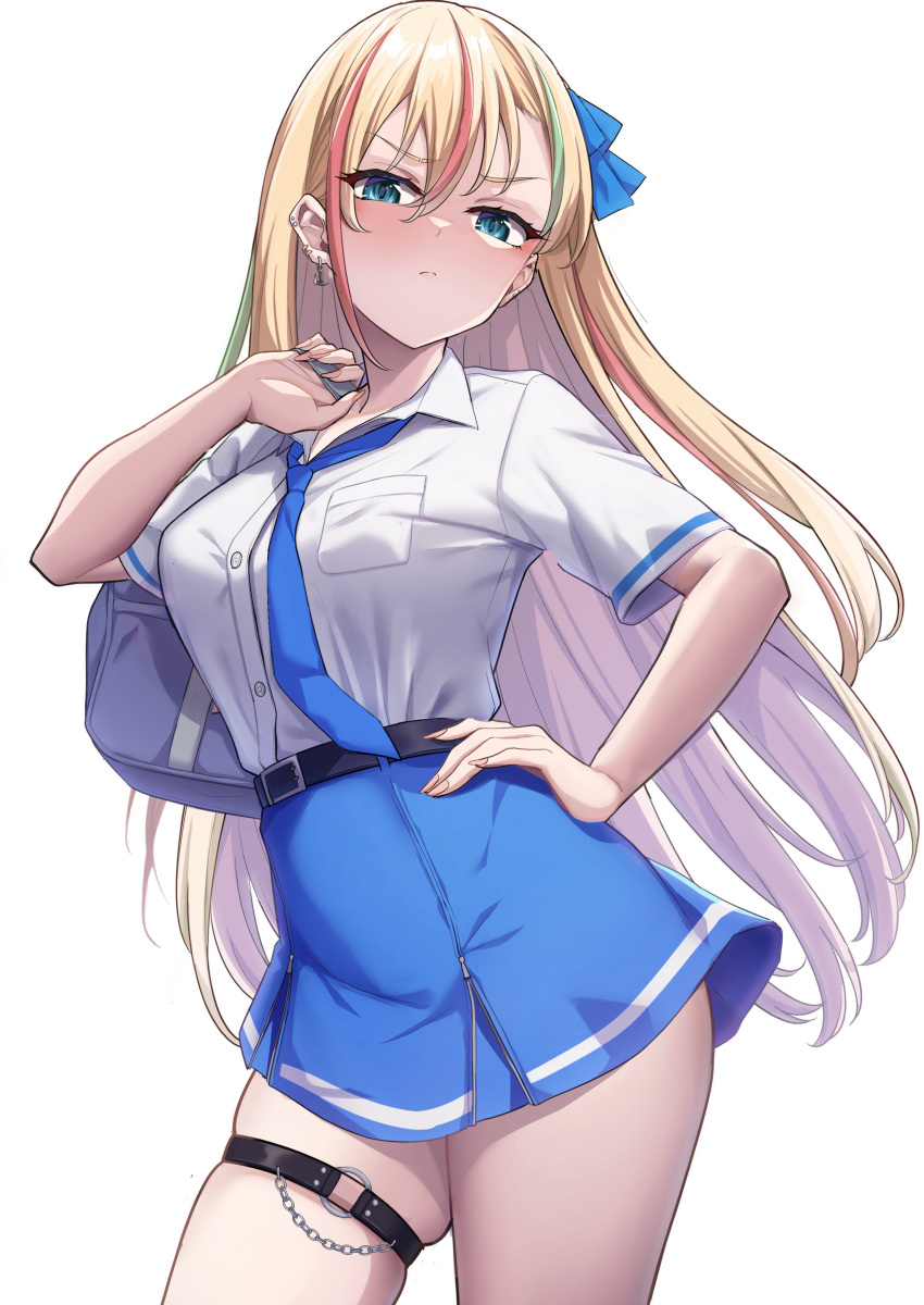 1girl absurdres bag belt black_belt blonde_hair blue_eyes blue_necktie blue_skirt blush breasts closed_mouth collared_shirt delinquent dress_shirt earrings green_hair hair_between_eyes hair_ribbon hand_on_own_hip hand_up highres jewelry karaage_bou large_breasts long_hair looking_at_viewer multicolored_hair necktie original pocket pout redhead ribbon school_bag school_uniform shirt shirt_tucked_in short_sleeves skirt solo streaked_hair thigh_strap thighs white_background white_shirt