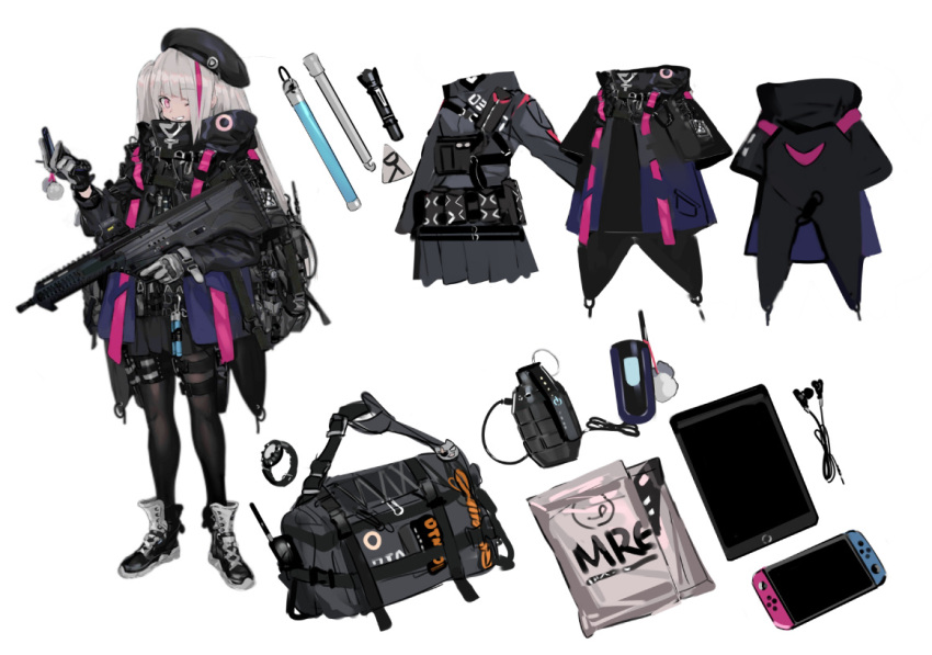 1girl assault_rifle belt_pouch beret black_coat black_footwear black_headwear black_pantyhose cellphone coat colored_shoe_soles commentary_request desert_tech_mdr earphones earphones explosive field_ration flashlight flip_phone full_body girls_frontline gloves glowstick grenade grey_gloves grey_hair grey_shirt grey_skirt grin gun hat holding holding_gun holding_phone holding_weapon ipad jacket long_hair long_sleeves looking_at_viewer mdr_(girls'_frontline) multicolored_hair multiple_wristwatches nintendo_switch official_art one_eye_closed one_side_up pantyhose phone pink_hair pouch radio ran_(bukeranwu) reference_sheet rifle shirt shoes skirt smile sneakers solo standing streaked_hair tablet_pc tactical_clothes thigh_strap trigger_discipline very_long_hair walkie-talkie watch watch weapon weapon_bag white_background