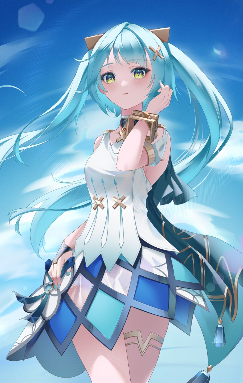 1girl adjusting_hair aqua_eyes bingchuan_xian_yu_huang blunt_bangs bracelet bridal_gauntlets collarbone commentary_request detached_sleeves dress faruzan_(genshin_impact) genshin_impact green_eyes hair_ornament highres jewelry long_hair looking_at_viewer parted_bangs short_sleeves solo thighlet twintails white_dress x_hair_ornament