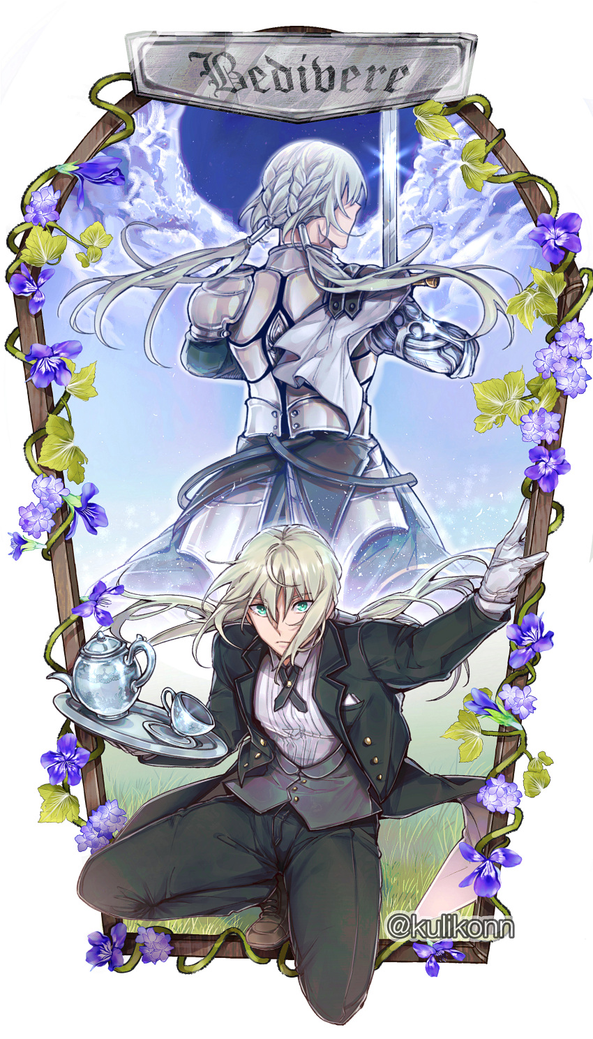 2boys absurdres armor back-to-back bedivere_(fate) bedivere_(silver_butler)_(fate) black_jacket black_pants black_suit blonde_hair border braid brown_footwear butler capelet closed_mouth clouds collared_shirt cross_tie cup dress_shoes dual_persona facing_away fate/grand_order fate_(series) flower flower_request formal framed french_braid full_body gloves grass green_eyes green_tunic grey_vest hair_between_eyes hair_tubes highres holding holding_sword holding_tray holding_weapon jacket kulissara-aung light_particles long_hair long_sleeves looking_at_viewer low_twintails male_focus multiple_boys official_alternate_costume on_one_knee open_clothes open_jacket outside_border pants plant pocket_square prosthesis prosthetic_arm purple_flower saucer shirt suit sword tailcoat teacup teapot tray tunic twintails twitter_username vest vines weapon white_border white_capelet white_gloves white_hair white_shirt