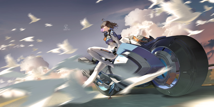 1girl absurdres alternate_costume bird black_hair blue_eyes blue_hair bodysuit breasts bubble_blowing commentary_request dated day expressionless full_body hair_between_eyes high_heels highres honkai_(series) honkai_impact_3rd looking_at_viewer looking_to_the_side motor_vehicle motorcycle multicolored_hair outdoors ribao seagull seele_vollerei signature sky solo two-tone_hair white_bodysuit