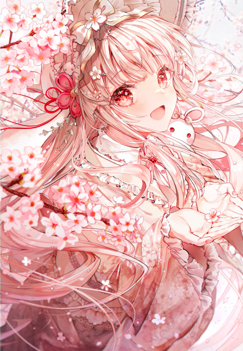 1girl :d absurdres blunt_bangs branch cherry_blossom_print cherry_blossoms cowboy_shot cupping_hands dress eyebrows_hidden_by_hair floral_print flower frills hair_ornament hairclip hat highres lace long_hair long_sleeves nail_polish noyu_(noyu23386566) open_mouth original own_hands_together petals pink_dress pink_hair rabbit red_eyes sidelocks smile solo