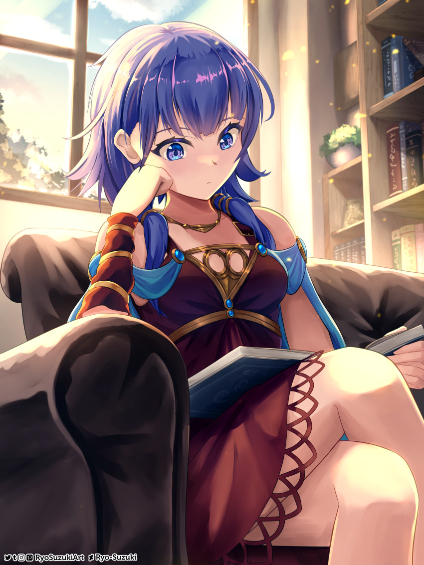 1girl absurdres artist_name bare_shoulders book bookshelf cape crossed_legs dress fire_emblem fire_emblem:_the_sacred_stones highres holding holding_book jewelry long_hair lute_(fire_emblem) open_book purple_hair reading ryo-suzuki sitting solo sunlight twintails violet_eyes window