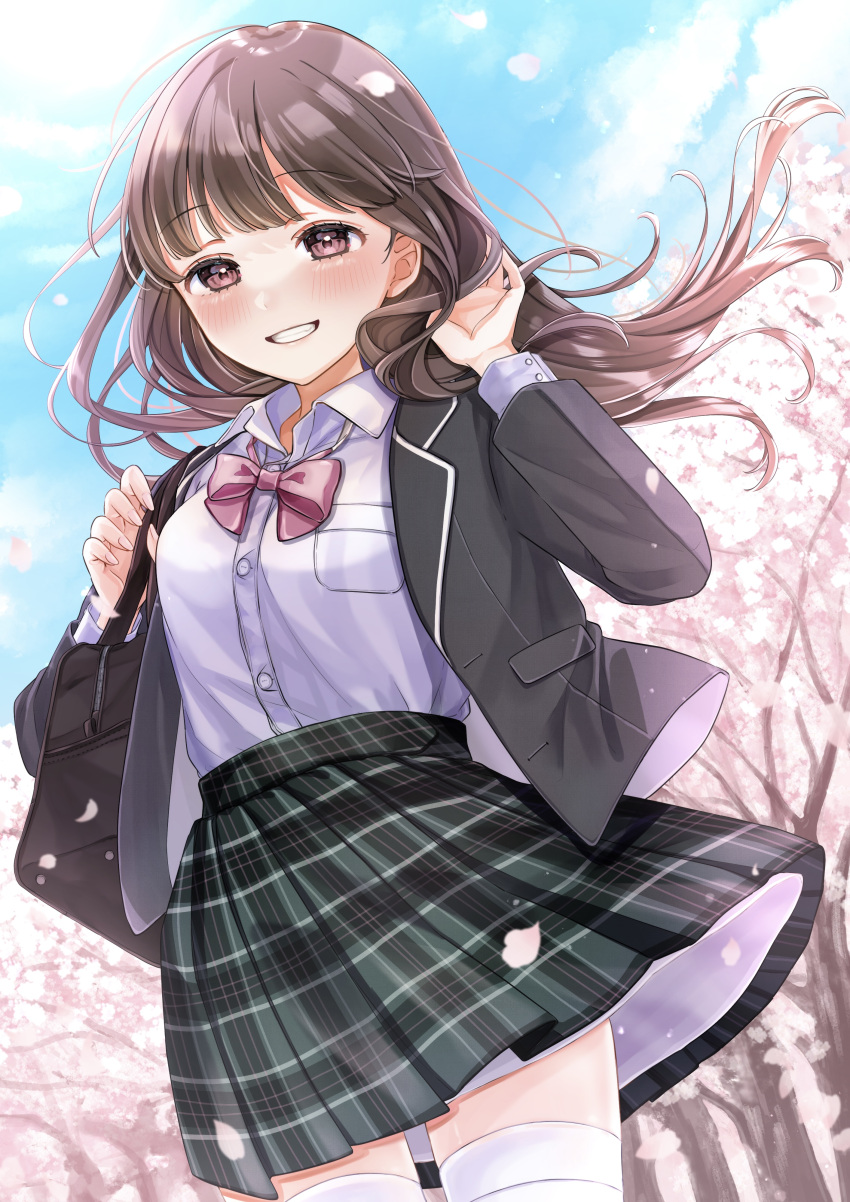 1girl absurdres bag blue_sky blunt_bangs blush bow bowtie breast_pocket brown_eyes brown_hair buntason_(buritarooooo) buttons cherry_blossoms collared_shirt commentary_request cowboy_shot day green_skirt grin highres jacket long_hair looking_at_viewer open_clothes open_jacket original pink_bow pink_bowtie plaid plaid_skirt pocket school_bag school_uniform shirt skirt sky smile solo spring_(season) standing teeth thigh-highs tree uniform white_shirt white_thighhighs winter_uniform