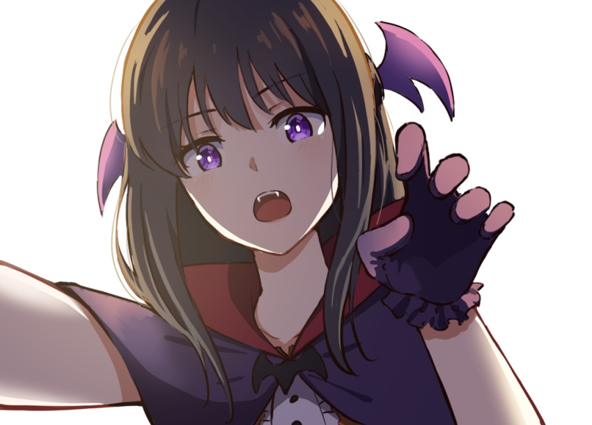 1girl bat_ornament black_cloak black_gloves black_hair bright_pupils cloak demon_wings fake_wings fangs frilled_gloves frills gloves hair_between_eyes halloween hand_up hyoe_(hachiechi) inoue_takina light_blush long_hair looking_at_viewer lycoris_recoil open_mouth paw_pose pov simple_background solo straight_hair vampire violet_eyes white_background white_pupils wings
