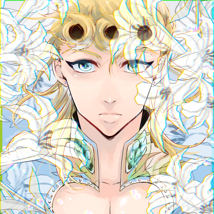 1boy blonde_hair blue_eyes chromatic_aberration cleavage_cutout clothing_cutout giorno_giovanna highres jojo_no_kimyou_na_bouken male_focus mikan03260 pectoral_cleavage pectorals portrait solo symmetry vento_aureo wing_collar