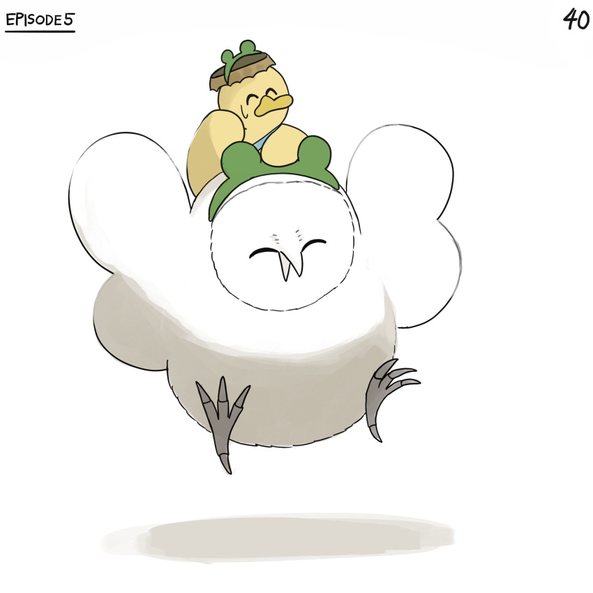 ^_^ bird closed_eyes diva_(hyxpk) duck duckling english_commentary flying frog_headband highres no_humans numbered original owl page_number riding simple_background white_background