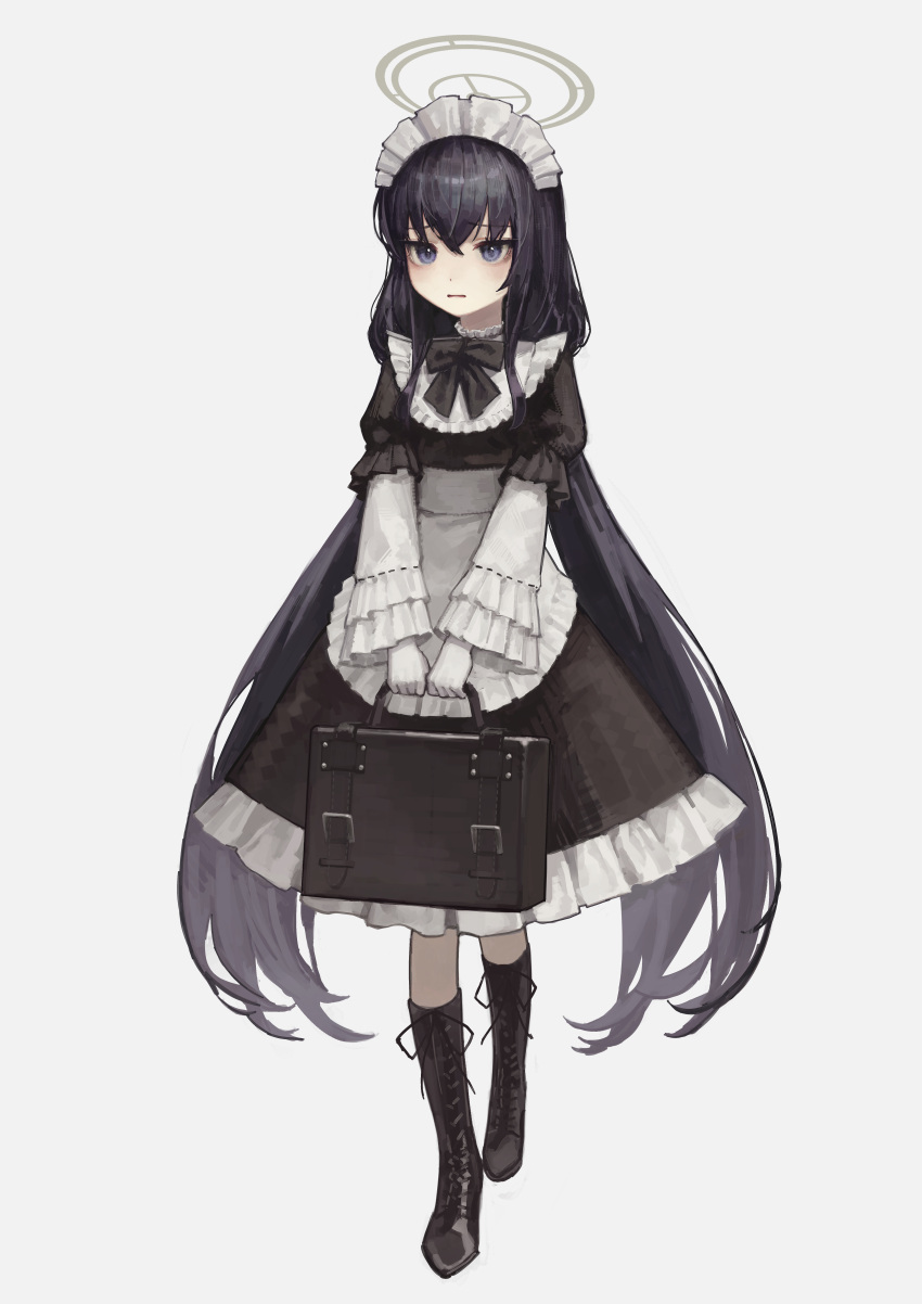 1girl absurdres alternate_costume apron black_bow black_bowtie black_dress black_footwear black_hair blue_archive boots bow bowtie briefcase commentary_request dress enmaided frilled_dress frills full_body furrowed_brow gloves halo highres holding holding_briefcase knee_boots long_hair long_sleeves looking_away maid maid_headdress parted_lips sad simple_background solo ui_(blue_archive) very_long_hair violet_eyes waist_apron white_background white_gloves yoon_cook