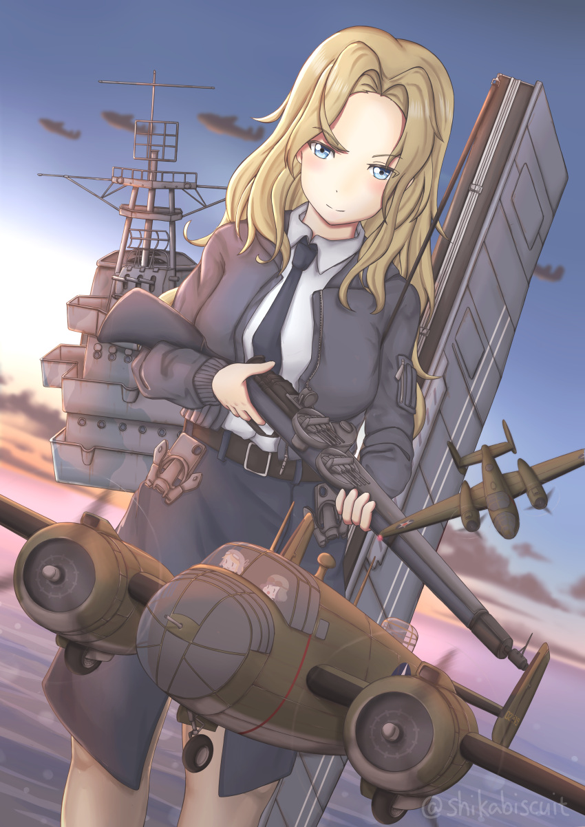 3girls absurdres anchor b-25_mitchell belt black_belt black_necktie black_pantyhose black_skirt blonde_hair blue_eyes bomber_jacket breasts day fairy_(kancolle) gun highres holding holding_gun holding_weapon hornet_(kancolle) jacket kantai_collection large_breasts long_hair looking_at_viewer m1903_springfield minigirl multiple_girls necktie outdoors pantyhose pencil_skirt rifle rigging shikabiscuit shirt skirt sleeveless sleeveless_shirt smile weapon white_shirt