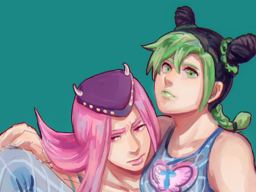 1boy 1girl 2608337875 black_hair braid double_bun green_eyes green_hair green_lips hair_bun hat highres horned_hat jojo_no_kimyou_na_bouken kujo_jolyne lipstick long_hair makeup multicolored_hair narciso_anasui pink_eyes pink_hair stone_ocean two-tone_hair