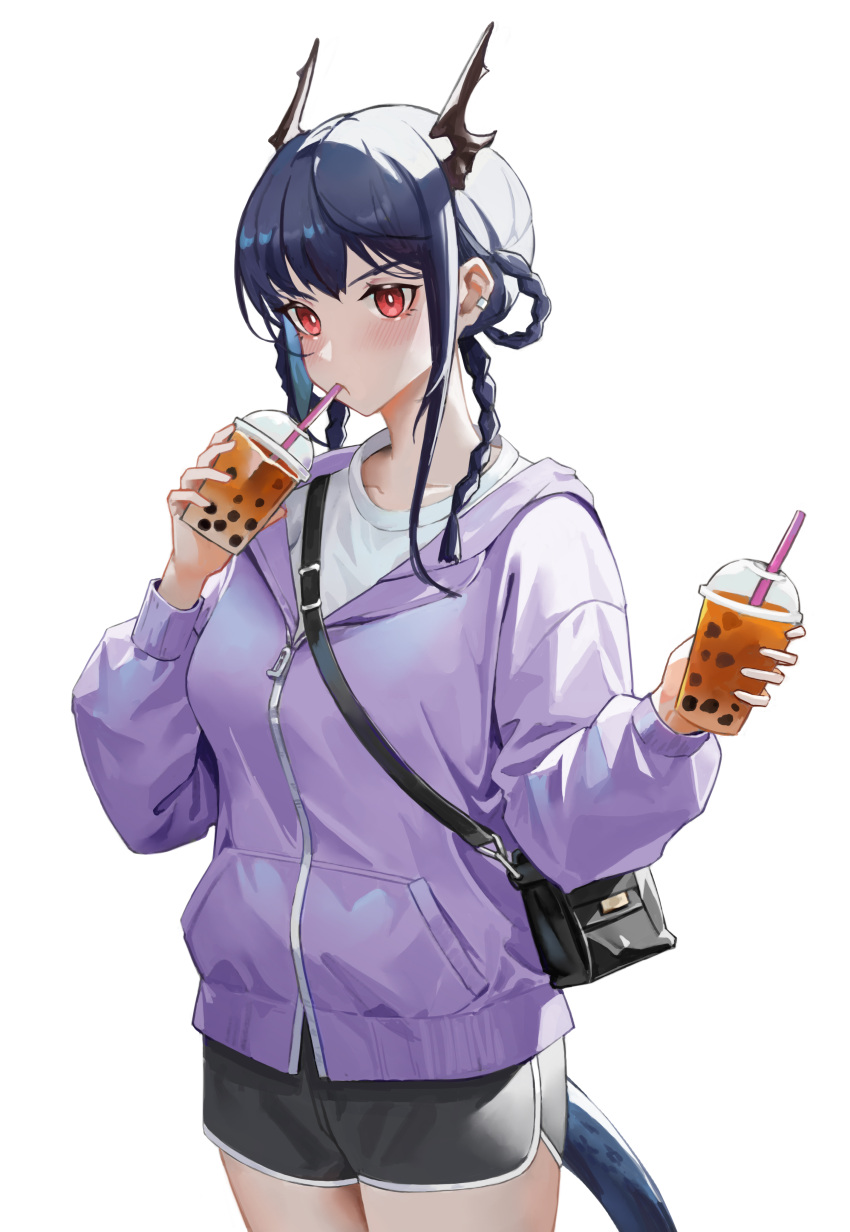 1girl absurdres arknights bag blush braid breasts bubble_tea ch'en_(arknights) cup dragon_horns dragon_tail drinking drinking_straw handbag highres holding holding_cup horns jacket long_hair red_eyes sama_(sama24654684) shorts simple_background solo tail white_background