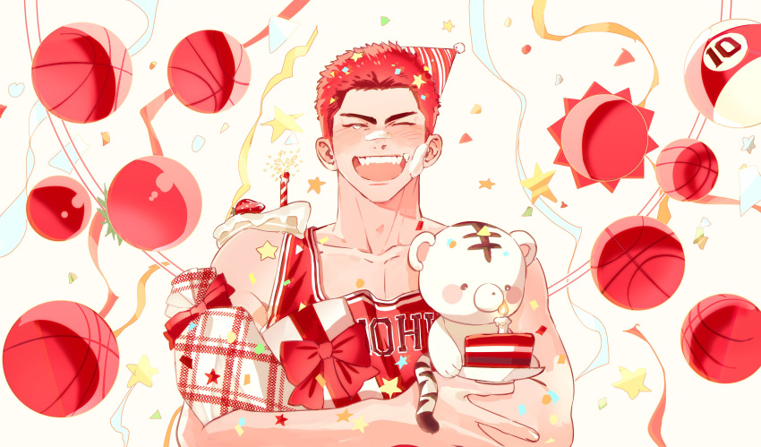 1boy absurdres ball birthday birthday_cake blush cake confetti food gift hat hechu_237 highres holding holding_stuffed_toy male_focus muscular muscular_male party_hat plate red_tank_top redhead sakuragi_hanamichi short_hair slam_dunk_(series) smile solo streamers stuffed_animal stuffed_toy tank_top teddy_bear upper_body