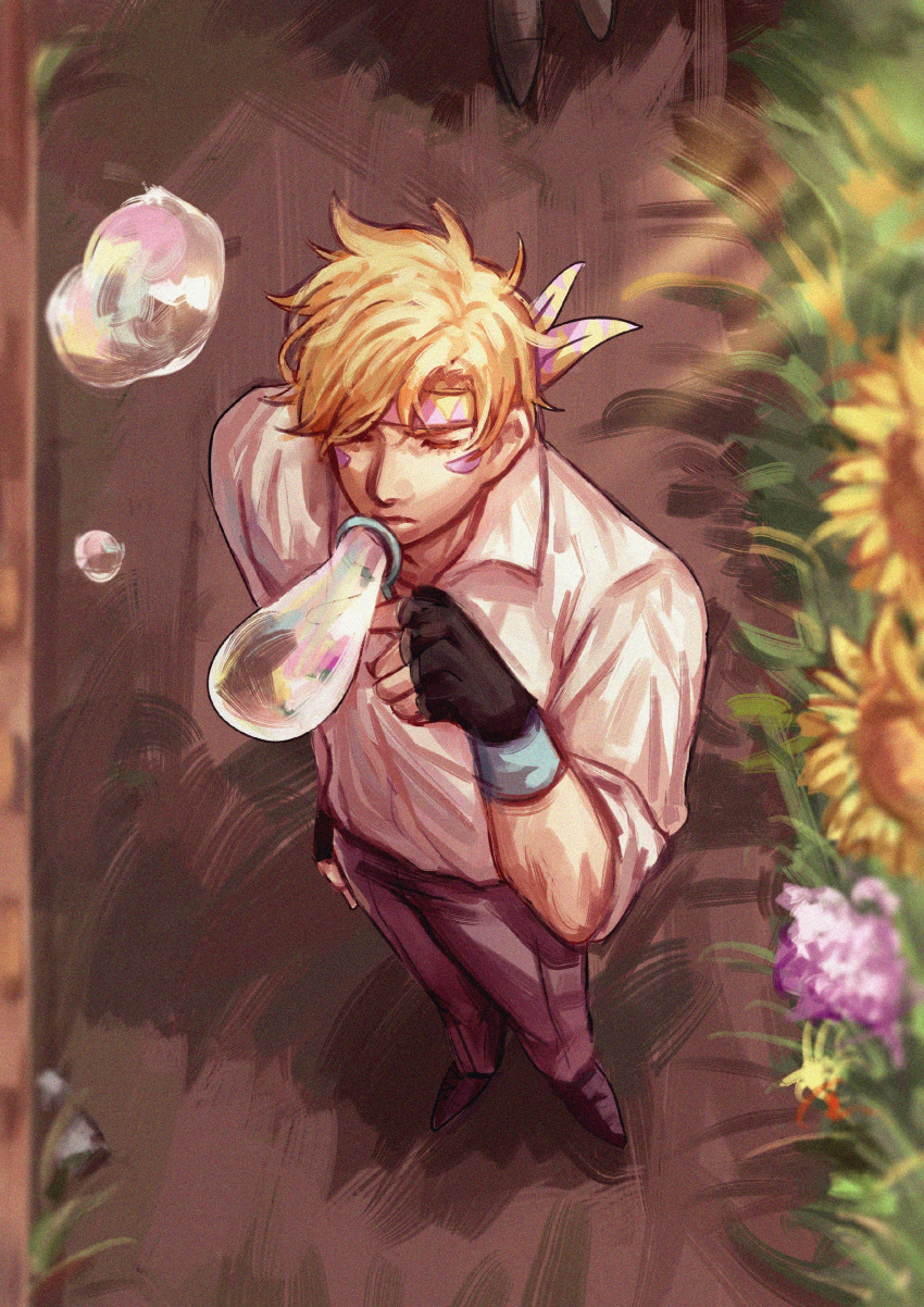 1boy 2608337875 absurdres bandana battle_tendency blonde_hair bubble_blowing caesar_anthonio_zeppeli facial_mark feather_hair_ornament feathers fingerless_gloves flower from_above gloves green_eyes hair_ornament highres jojo_no_kimyou_na_bouken male_focus soap_bubbles solo sunflower triangle_print