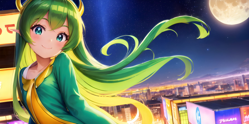 1girl awwesomeai blush building city city_lights cityscape full_moon galaxy green_eyes green_hair horns long_hair looking_at_viewer lum milky_way moon moonlight night night_sky oni_horns pointy_ears sky skyline skyscraper smile solo space star_(sky) starry_sky urusei_yatsura very_long_hair