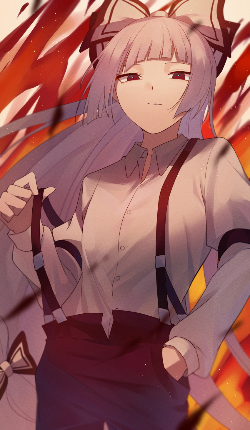 1girl bow collared_shirt commentary_request cowboy_shot fujiwara_no_mokou hair_bow hand_in_pocket highres kuroto_(cfdg3537) long_hair long_sleeves looking_at_viewer pants parted_lips red_bow red_eyes red_pants shirt solo suspenders touhou two-tone_bow very_long_hair white_bow white_hair white_shirt