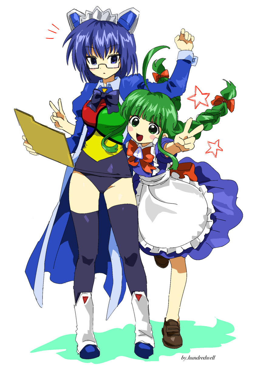 ! 100_(hundredwell) 2girls 2k-tan :d ahoge apron arm_up artist_name back_bow blue_coat blue_dress blue_eyes blue_hair blue_one-piece_swimsuit blush_stickers bow bowtie braid brown_footwear coat colored_shadow dark_blue_hair double_v dress floating_hair folder green_eyes green_one-piece_swimsuit grey_hair hair_between_eyes hair_bow highres holding holding_folder huge_ahoge juliet_sleeves leg_up legs_apart loafers long_hair long_sleeves looking_at_another looking_at_viewer maid_apron me-tan multicolored_clothes multicolored_swimsuit multiple_girls multiple_hair_bows notice_lines old_school_swimsuit one-piece_swimsuit open_clothes open_coat open_mouth orange_bow orange_bowtie os-tan puffy_short_sleeves puffy_sleeves purple_bow purple_bowtie purple_one-piece_swimsuit purple_thighhighs red_one-piece_swimsuit school_swimsuit shadow shoes short_hair short_sleeves simple_background sleeve_cuffs smile standing standing_on_one_leg star_(symbol) swimsuit thigh-highs tsurime twin_braids v waist_apron white_apron white_background yellow_one-piece_swimsuit