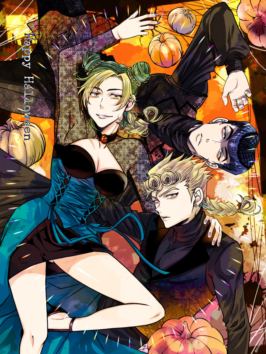 1girl 2boys alternate_costume black_dress black_hair blonde_hair blue_eyes braid cleavage_cutout clothing_cutout cone_hair_bun corset diamond_wa_kudakenai double_bun dress eyeshadow giorno_giovanna green_eyes green_hair hair_bun halo higashikata_josuke highres jojo_no_kimyou_na_bouken kujo_jolyne makeup mikan03260 multicolored_hair multiple_boys pumpkin purple_hair purple_lips stone_ocean turtleneck two-tone_hair vento_aureo